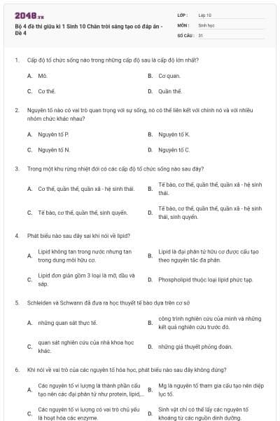 Bộ 4 đề thi giữa kì 1 Sinh 10 Chân trời sáng tạo có đáp án - Đề 4
