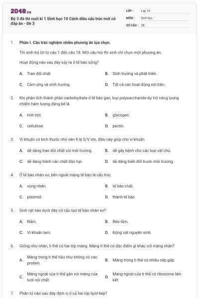 Bộ 3 đề thi cuối kì 1 Sinh học 10 Cánh diều cấu trúc mới có đáp án - Đề 3