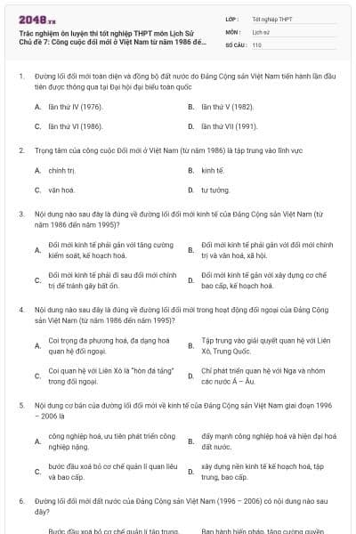 Trắc nghiệm ôn luyện thi tốt nghiệp THPT môn Lịch Sử Chủ đề 7: Công cuộc đổi mới ở Việt Nam từ năm 1986 đến nay