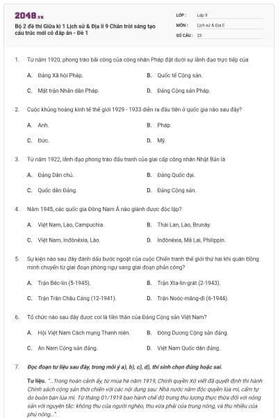 Bộ 2 đề thi Giữa kì 1 Lịch sử & Địa lí 9 Chân trời sáng tạo cấu trúc mới có đáp án - Đề 1