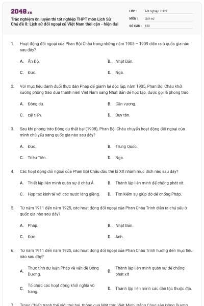 Trắc nghiệm ôn luyện thi tốt nghiệp THPT môn Lịch Sử Chủ đề 8: Lịch sử đối ngoại củ Việt Nam thời cận - hiện đại