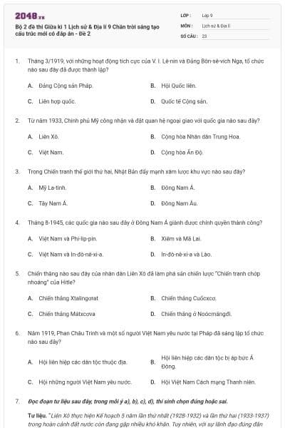 Bộ 2 đề thi Giữa kì 1 Lịch sử & Địa lí 9 Chân trời sáng tạo cấu trúc mới có đáp án - Đề 2