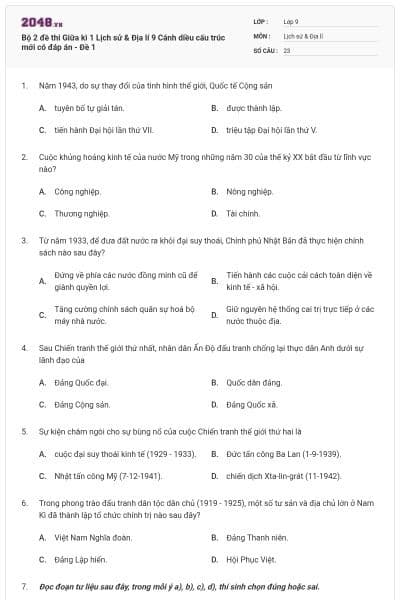 Bộ 2 đề thi Giữa kì 1 Lịch sử & Địa lí 9 Cánh diều cấu trúc mới có đáp án - Đề 1