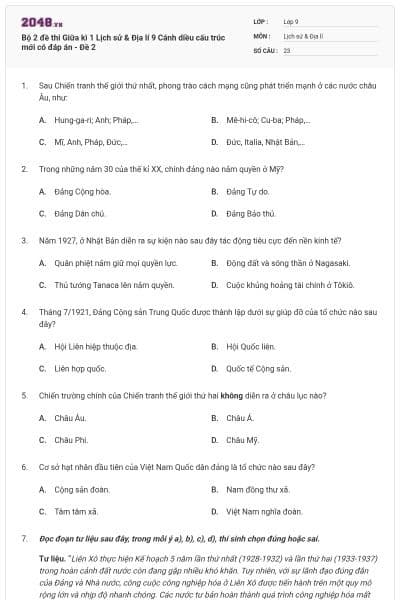 Bộ 2 đề thi Giữa kì 1 Lịch sử & Địa lí 9 Cánh diều cấu trúc mới có đáp án - Đề 2
