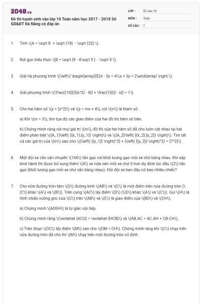 Đề thi tuyển sinh vào lớp 10 Toán năm học 2017 - 2018 Sở GD&ĐT Đà Nẵng có đáp án