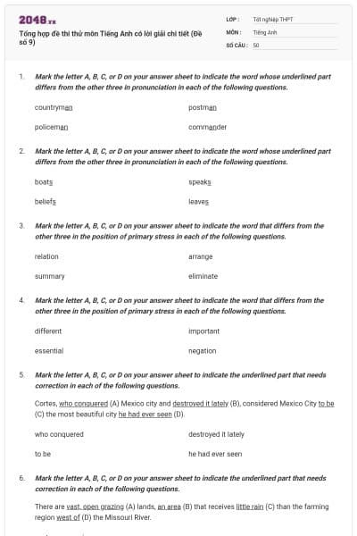 Tổng hợp đề thi thử môn Tiếng Anh có lời giải chi tiết (Đề số 9)