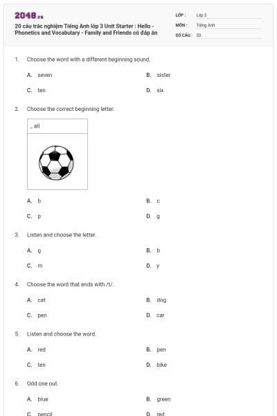 20 câu trắc nghiệm Tiếng Anh lớp 3 Unit Starter : Hello - Phonetics and Vocabulary - Family and Friends có đáp án