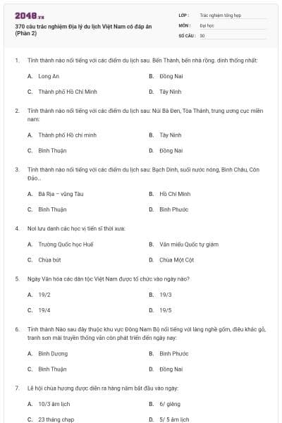 370 câu trắc nghiệm Địa lý du lịch Việt Nam có đáp án (Phần 2)