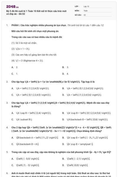 Bộ 5 đề thi cuối kì 1 Toán 10 Kết nối tri thức cấu trúc mới có đáp án - Đề 02