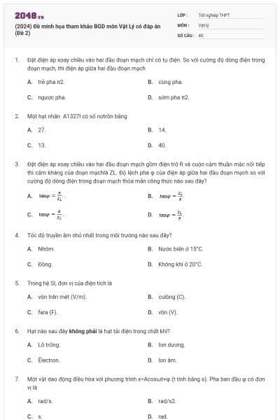 (2024) Đề minh họa tham khảo BGD môn Vật Lý có đáp án (Đề 2)