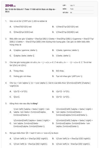 Bộ 10 đề thi Giữa kì 1 Toán 11 Kết nối tri thức có đáp án - Đề 6