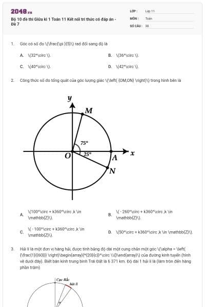 Bộ 10 đề thi Giữa kì 1 Toán 11 Kết nối tri thức có đáp án - Đề 7