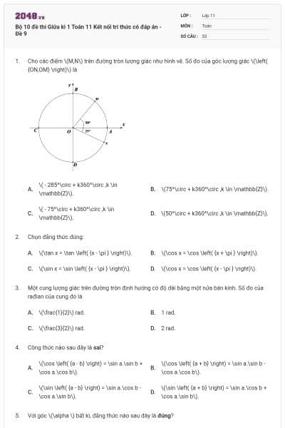 Bộ 10 đề thi Giữa kì 1 Toán 11 Kết nối tri thức có đáp án - Đề 9
