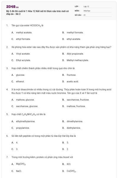 Bộ 3 đề thi cuối kì 1 Hóa 12 Kết nối tri thức cấu trúc mới có đáp án - Đề 2