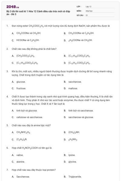 Bộ 3 đề thi cuối kì 1 Hóa 12 Cánh diều cấu trúc mới có đáp án - Đề 3