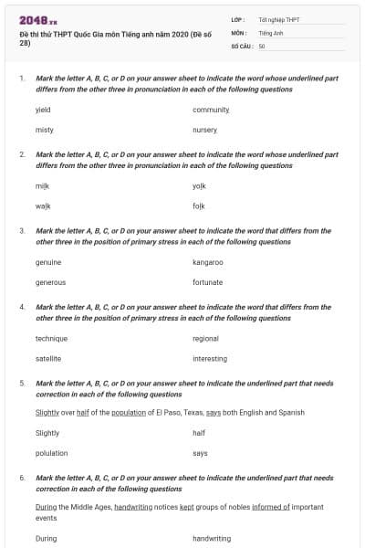Đề thi thử THPT Quốc Gia môn Tiếng anh năm 2020 (Đề số 28)