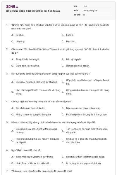 Đề kiểm tra GDCD 8 Kết nối tri thức Bài 4 có đáp án