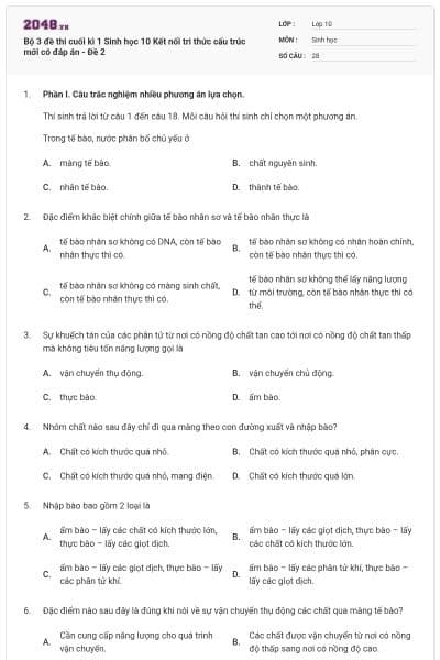 Bộ 3 đề thi cuối kì 1 Sinh học 10 Kết nối tri thức cấu trúc mới có đáp án - Đề 2