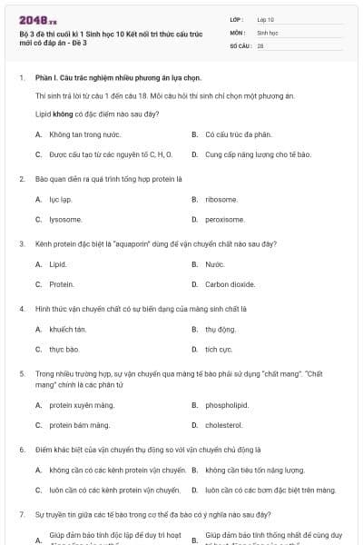 Bộ 3 đề thi cuối kì 1 Sinh học 10 Kết nối tri thức cấu trúc mới có đáp án - Đề 3