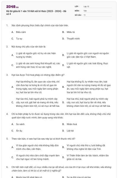 Đề thi giữa kì 1 văn 10 Kết nối tri thức (2023 - 2024) - Đề số 4