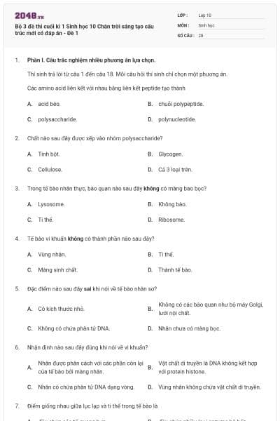 Bộ 3 đề thi cuối kì 1 Sinh học 10 Chân trời sáng tạo cấu trúc mới có đáp án - Đề 1