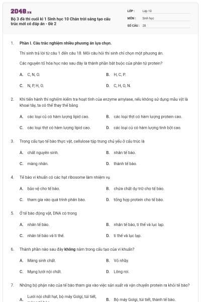 Bộ 3 đề thi cuối kì 1 Sinh học 10 Chân trời sáng tạo cấu trúc mới có đáp án - Đề 2