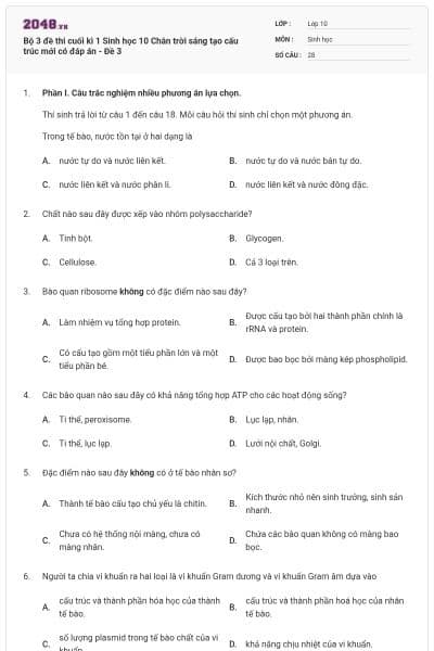 Bộ 3 đề thi cuối kì 1 Sinh học 10 Chân trời sáng tạo cấu trúc mới có đáp án - Đề 3