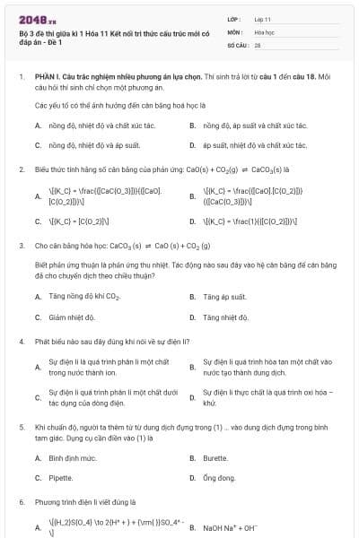 Bộ 3 đề thi giữa kì 1 Hóa 11 Kết nối tri thức cấu trúc mới có đáp án - Đề 1