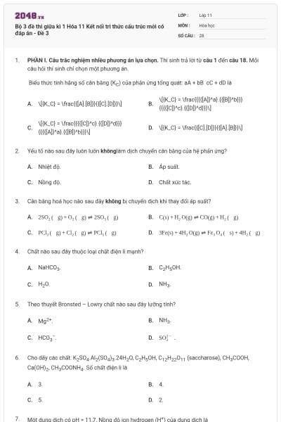Bộ 3 đề thi giữa kì 1 Hóa 11 Kết nối tri thức cấu trúc mới có đáp án - Đề 3