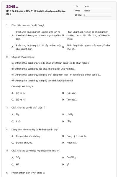 Bộ 3 đề thi giữa kì Hóa 11 Chân trời sáng tạo có đáp án - Đề 3