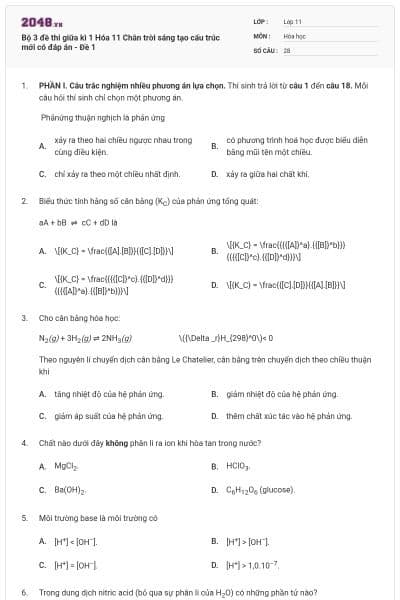 Bộ 3 đề thi giữa kì 1 Hóa 11 Chân trời sáng tạo cấu trúc mới có đáp án - Đề 1