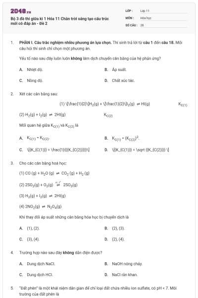 Bộ 3 đề thi giữa kì 1 Hóa 11 Chân trời sáng tạo cấu trúc mới có đáp án - Đề 2