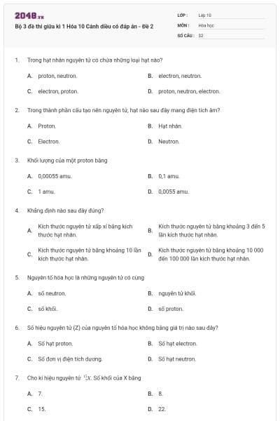 Bộ 3 đề thi giữa kì 1 Hóa 10 Cánh diều có đáp án - Đề 2