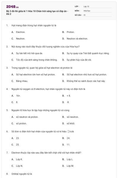 Bộ 3 đề thi giữa kì 1 Hóa 10 Chân trời sáng tạo có đáp án - Đề 2