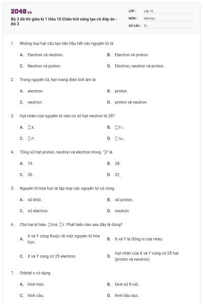 Bộ 3 đề thi giữa kì 1 Hóa 10 Chân trời sáng tạo có đáp án - Đề 3