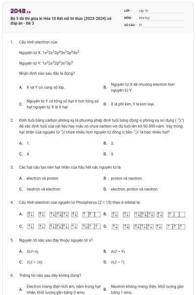 Bộ 5 đề thi giữa kì Hóa 10 Kết nối tri thức (2023-2024) có đáp án - Đề 3