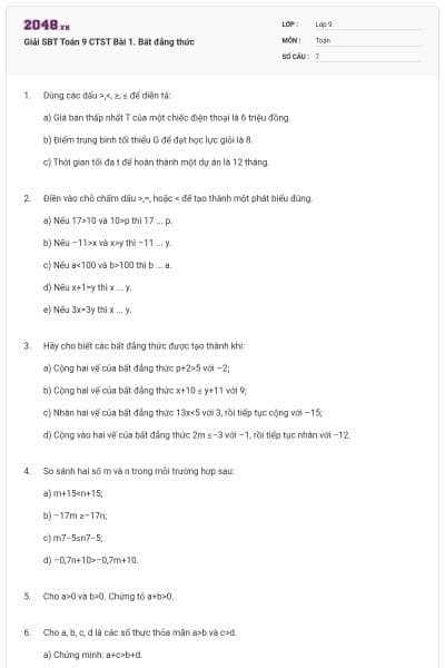 Giải SBT Toán 9 CTST Bài 1. Bất đẳng thức