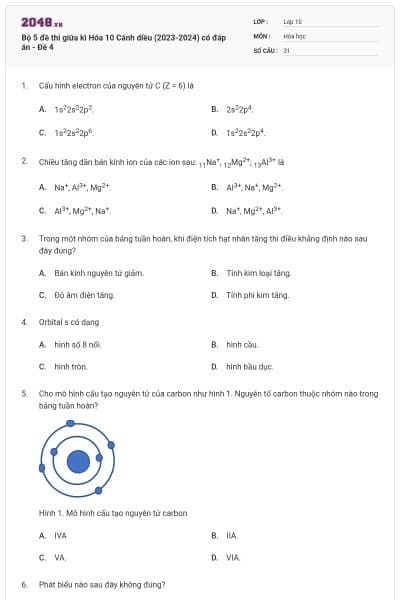 Bộ 5 đề thi giữa kì Hóa 10 Cánh diều (2023-2024) có đáp án - Đề 4
