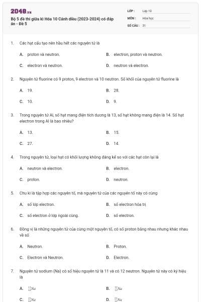 Bộ 5 đề thi giữa kì Hóa 10 Cánh diều (2023-2024) có đáp án - Đề 5