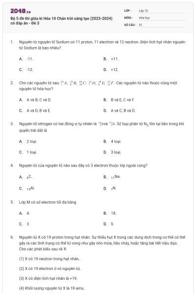 Bộ 5 đề thi giữa kì Hóa 10 Chân trời sáng tạo (2023-2024) có đáp án - Đề 3