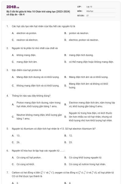 Bộ 5 đề thi giữa kì Hóa 10 Chân trời sáng tạo (2023-2024) có đáp án - Đề 4