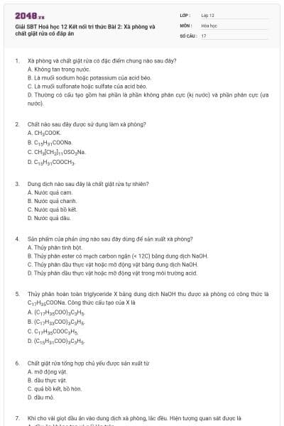 Giải SBT Hoá học 12 Kết nối tri thức Bài 2: Xà phòng và chất giặt rửa có đáp án