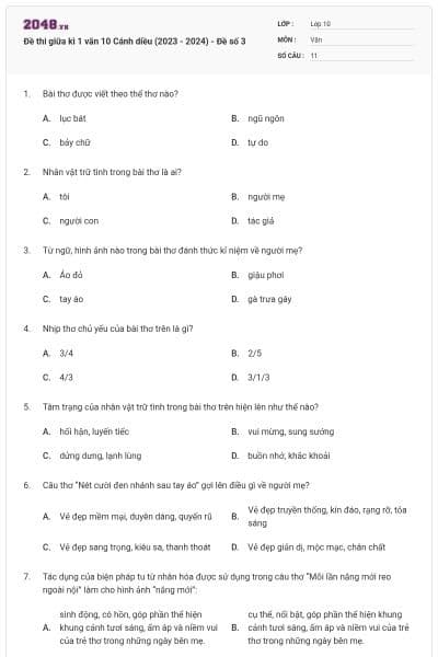 Đề thi giữa kì 1 văn 10 Cánh diều (2023 - 2024) - Đề số 3