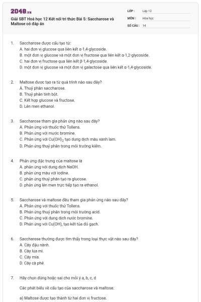 Giải SBT Hoá học 12 Kết nối tri thức Bài 5: Saccharose và Maltose có đáp án
