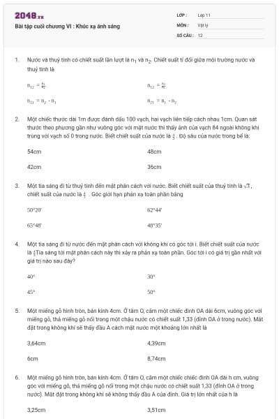 Bài tập cuối chương VI : Khúc xạ ánh sáng