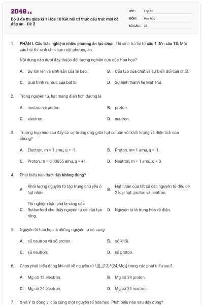 Bộ 3 đề thi giữa kì 1 Hóa 10 Kết nối tri thức cấu trúc mới có đáp án - Đề 3