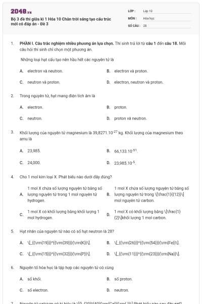 Bộ 3 đề thi giữa kì 1 Hóa 10 Chân trời sáng tạo cấu trúc mới có đáp án - Đề 3