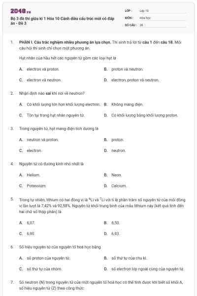 Bộ 3 đề thi giữa kì 1 Hóa 10 Cánh diều cấu trúc mới có đáp án - Đề 3