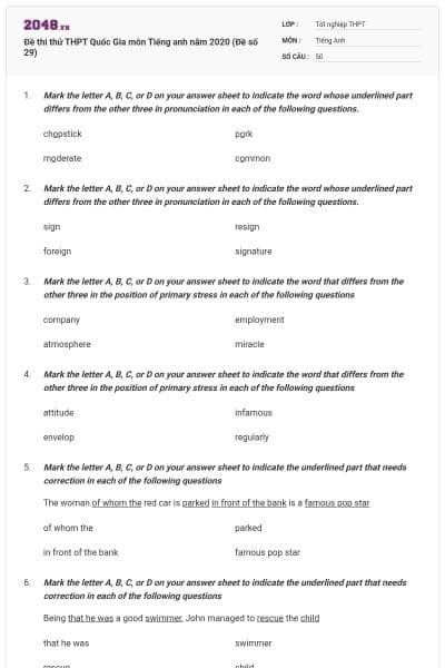 Đề thi thử THPT Quốc Gia môn Tiếng anh năm 2020 (Đề số 29)