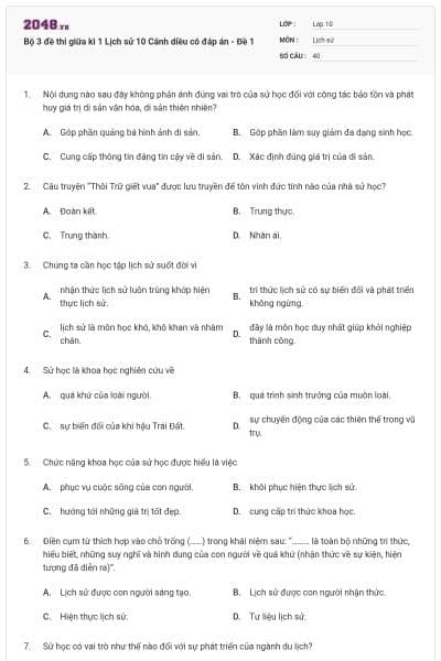 Bộ 3 đề thi giữa kì 1 Lịch sử 10 Cánh diều có đáp án - Đề 1